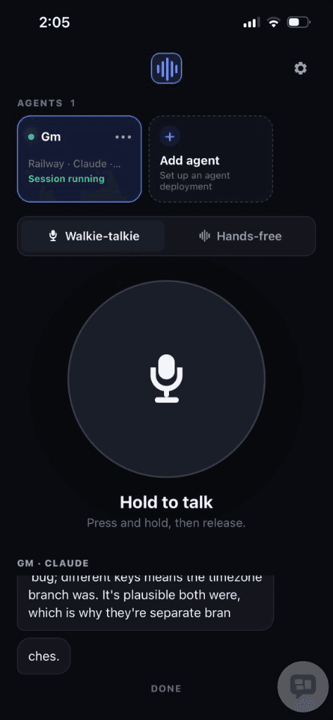 agent_tts walkie-talkie screen: Gm agent running on Railway with Claude, hold-to-talk microphone, and a live coding transcript