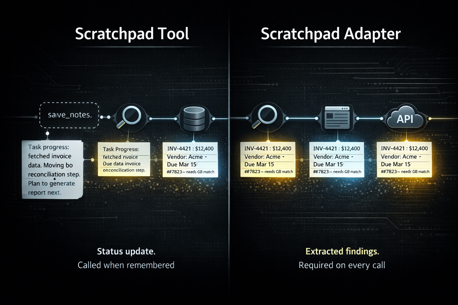 Scratchpad Tool vs Scratchpad Decorator — status update called when remembered vs extracted findings on every call