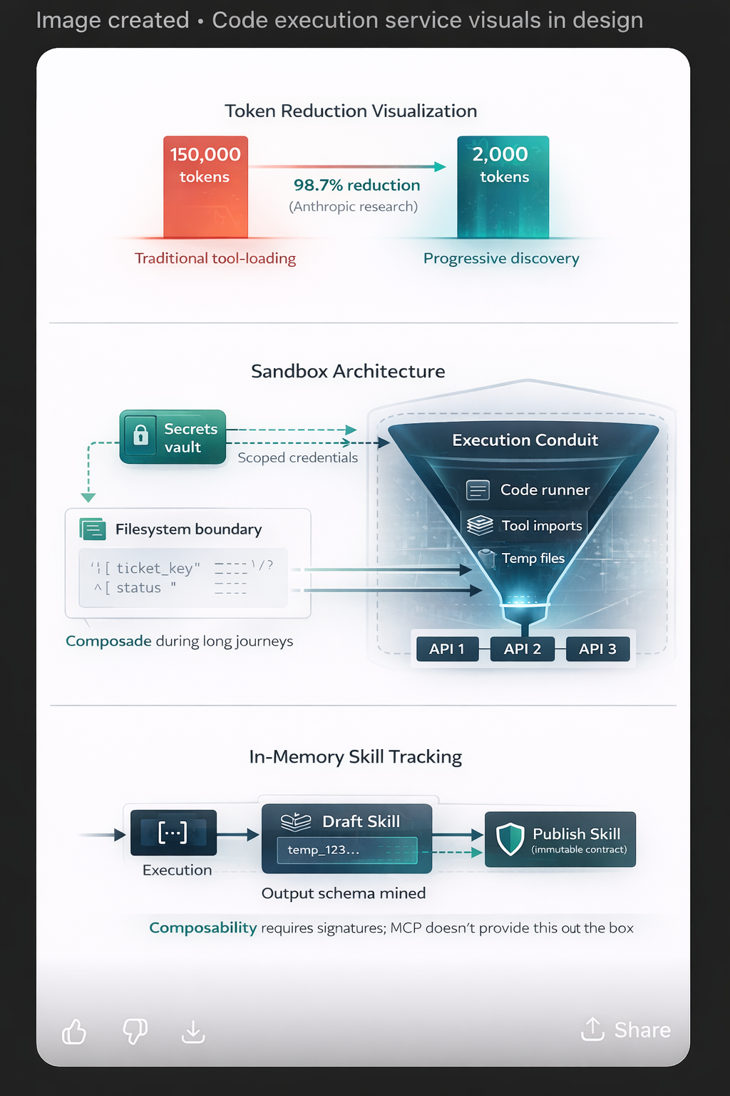 Bar chart showing token usage reduction from 150,000 tokens to 2,000 tokens using progressive discovery